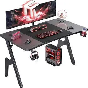 HLDIRECT 47 Inch Gaming Desk, Large Computer Gaming Desk Table with Cable Management, Ergonomic Carbon Fiber Gamer Table Pc Work Home Office Desks with Cup Holder & Headphone Hook & Mouse Pad, Black