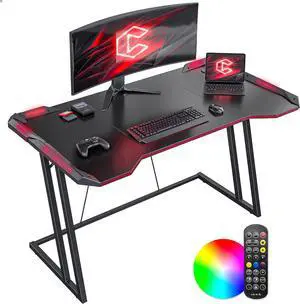 CubiCubi Gaming Desk with LED Lights, 47" Z Shaped Gamer Desk, Home Game Computer Desk with Carbon Fiber Surface, Ergonomic Office PC Workstation with Cable Management, Black