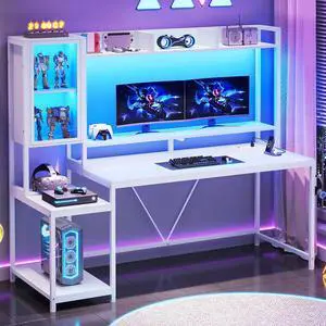 SEDETA Gaming Desk, 60'' Gaming Desk with Hutch and LED Lights, Computer Desk with Storage Shelves, Large PC Gamer Desk with Display Cabinet, Monitor Stand, Power Outlet for Home Office, White