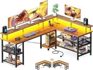 ODK 66" L Shaped Gaming Desk with Power Outlet and LED Lights, PC Gaming Table with USB Ports, Reversible L Shaped Desk with Storage Shelves & Monitor Stand, Home Office Desk, Grey Oak Vintage