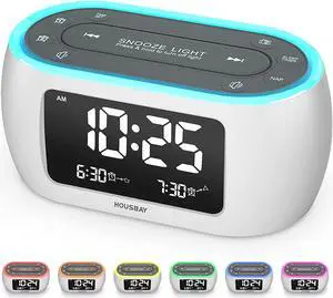 HOUSBAY Glow Small Alarm Clock Radio for Bedrooms with 7 Color Night Light, Dual Alarm, Dimmer, USB Charger, Battery Backup, Nap Timer, FM Radio with Auto-Off Timer for BedsideWhite