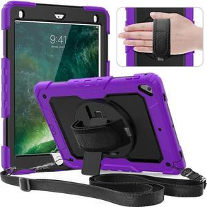 Case Compatible with iPad 9.7 Inch (iPad 6th/5th Generation Case 2018 2017/ iPad Air2 Case/iPad Pro 9.7 Case) with Rotating Stand/Strap Full-Body Silicone+PC Protective Case Purple