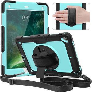 Case Compatible with iPad 6th/5th Generation,9.7 Inch 2018/2017 Case with Rotating Stand/Strap Full-Body Silicone+PC Protective Case Replacement for iPad 5th/6th Gen/Air 2/ Pro 9.7 SkyBlue