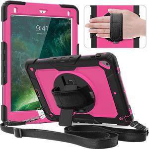 Case for iPad Air2/ iPad 6th/5th Generation Case 2018 2017/ iPad Pro 9.7 Case. with Screen Protector Pencil Holder Rotating Stand/Strap Full-Body Silicone+PC Protective Case Rose