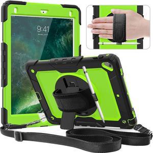 Case for iPad 6th/ 5th Generation 9.7 Inch 2018/2017 Case with Rotating Stand Handle Strap, Full-Body Silicone+PC Durable Sturdy Protective Case for iPad 5th/ 6th Gen/Air 2/ Pro 9.7 -Green