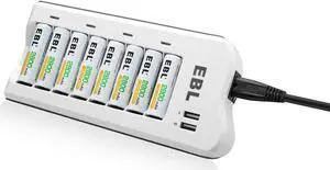 EBL Upgraded Battery Charger 808U 3rd Gen with USB Ports 8 Pack AA 2800mAh Rechargeable Batteries for AA AAA Ni-MH/Ni-Cd Rechargeable Batteries