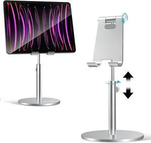 Telescopic Adjustable iPad Holder Universal Multi Angle Aluminum Stand Compatible with iPhone Smart Cell Phone/Tablet/iPad(4-13 inch) Silver