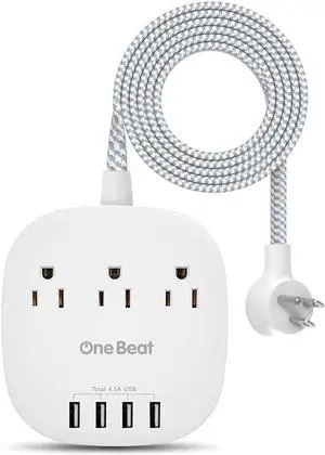 Desktop Power Strip with 3 Outlet 4 USB Ports 4.5A, Flat Plug and 5 ft Long Braided Extension Cords for Cruise Ship Travel Home Office, ETL Listed