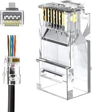RJ45 Pass Through Connectors, 50-Pack Cat6/Cat5e Gold Plated Modular Plug Unshielded Crimp Connector for Solid or Stranded UTP Ethernet Cable RJ45 Pass Through Connectors, 50-Pack Cat6/Cat5e Gold Plated Modular Plug Unshielded Crimp Connector for Solid or Stranded UTP Ethernet Cable