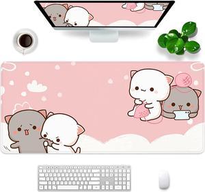 Pink Large Gaming Mouse Pad Cat Desk Pad XXL Cute Mouse Mat 35x15.7x0.12 inch Desk Accessories Kawaii Desk Mat (Pink Cat -2)