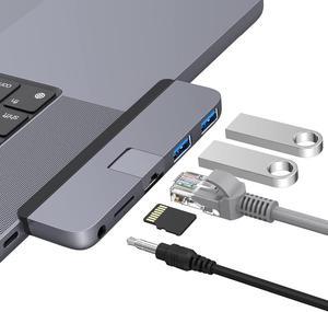 Qwiizlab USB C Hub 5-in-1 Adapter, Gigabit Ethernet, USB 3.0 Port, microSD Reader, 3.5mm Audio Jack for 2023/2021 MacBook Pro 14'' and 16'' M3/M2/M1 Pro/Max (Gray)