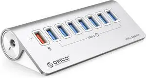 ORICO USB Hub 3.0 Powered 7 Ports Aluminum USB Hub Splitter [5Gbps] with 7 USB 3.0 Data Ports + 1 Fast Charging Ports 18W5V/3A;9V/2A;12V/1.5A, 12V 3A Power Adapter with 3.28Ft Cable
