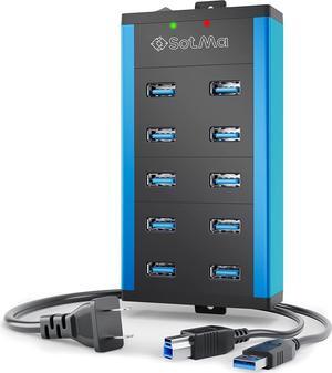 USB 3.0 Powered Hub - Multi-Safety 10-Port Hub 3.0 with Adapter - Aluminum USB Splitter with Mounting Brackets - Extra USB Ports for Laptops & PC