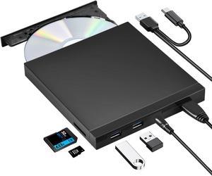 ROOFULL External CD DVD +/-RW Drive with SD Card Slot and USB Ports, USB 3.0 Portable CD/DVD ROM Burner Player Reader Writer Optical Disk Drive for Laptop Mac, Desktop PC Windows 11/10/8/7 Linux OS