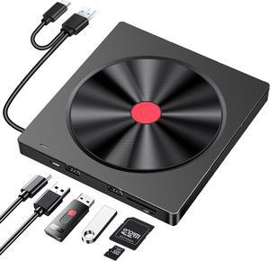 External CD/DVD Drive for Laptop, Ultra Slim CD Burner USB 3.0 Hub with 4 USB Ports, 2 TF/SD Card Slots,1 Type-C Port,DVD Player for Laptop with Carrying Case Compatible mac OS/Windows/Linux