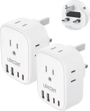 LENCENT 2 Pack US to UK Ireland Travel Plug Adapter,Grounded Type G Adapter For Travel with 4 Outlets 4 USB Ports (2 USB C), Power Plug for USA to Dubai Scotland British London England Hong Kong