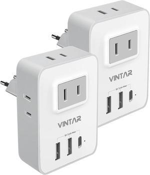 [2-Pack] European Travel Plug Adapter, VINTAR 2 Prong to 2 Prong Canada US to Europe Plug Adapter with 1 USB C, 2 USB Ports and 4 American Outlets, 7 in 1 Travel Adapter to Most of Europe (Type C)