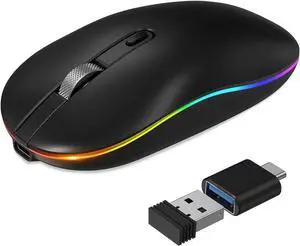 RaceGT LED Wireless Mouse with Type-c Charging Port, 2.4G Rechargeable Slim Silent Mouse with USB & Type-c Receiver, 3 Adjustable DPI for Laptop, Deskbtop, MacBook, PC