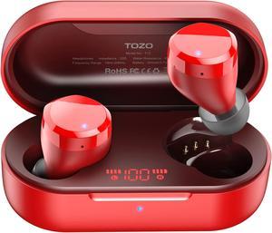 TOZO T12 Wireless Earbuds Bluetooth Premium Fidelity Sound Quality Headphones IPX8 Waterproof Earphones with Digital LED Intelligence Display Wireless Charging Case, Red