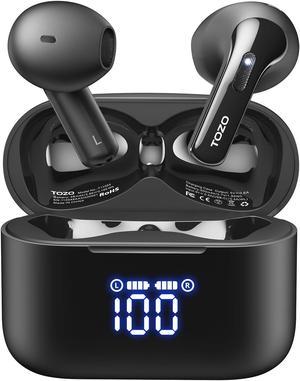 TOZO T21 Bluetooth 5.3 Wireless Earbuds Semi-in-ear Headphones Dual Mic Noise Cancelling, 44H Playtime with LED Digital Display Charging Case, Matte Black