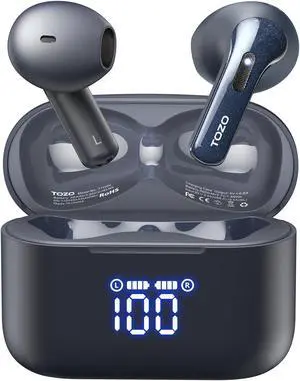 TOZO T21 Bluetooth 5.3 Wireless Earbuds Semi-in-ear Headphones Dual Mic Noise Cancelling, 44H Playtime with LED Digital Display Charging Case, Midnight Blue