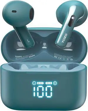 TOZO T21 Bluetooth 5.3 Wireless Earbuds Semi-in-ear Headphones Dual Mic Noise Cancelling, 44H Playtime with LED Digital Display Charging Case, Dark Cyan