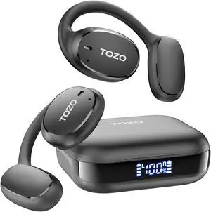TOZO OpenEgo Wireless Earbuds Earhook Open Ear Sport Bluetooth 5.3 Headphones with LED Digital Display Charger Case Sweat-Proof, Gloss Black