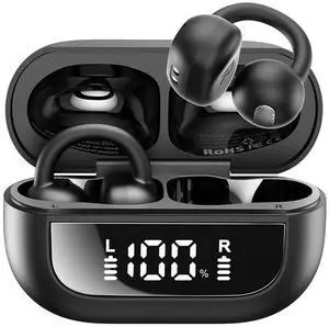TOZO Open Ear Clip Wireless Earbuds Lightweight Comfort, 40H Play with Smart Digital Display Charger Case, Bluetooth 5.4 Headphones, Black