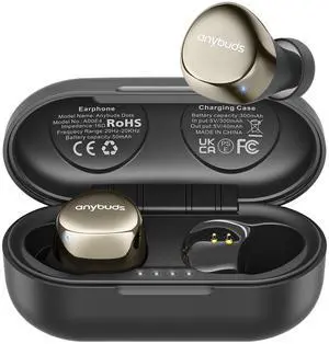 Anybuds Bluetooth 5.3 Wireless Earbuds, In-Ear CD-Quality Sound Built-in Mic Headphones, LongDistance Connection 35H Playback with Charger Case, Black Gold