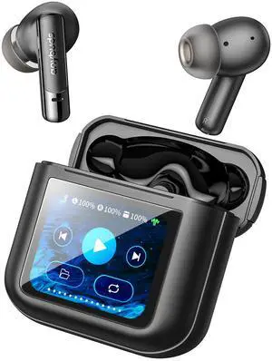 Anybuds Touch Screen Wireless Earbuds, Active Noise Cancelling Bluetooth 5.3 Headphones, 2 Mics for Clear Calls, 47H Long Playtime with Charger Case, IPX4 Water-Resistant, Black