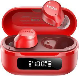 TOZO NC9 Hybrid Active Noise Cancelling Wireless Earbuds 59H Playtime with LED Display Charger Case, 6 Mics ENC Clear Call Headphones IPX8 Waterproof, Red