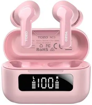 TOZO NC3 Wireless Earbuds 6 Mics AI Clear Call, Hybrid Active Noise Cancelling Bluetooth Headphones IPX8 Waterproof, 55H Playtime with LED Display Charger Case, Pink