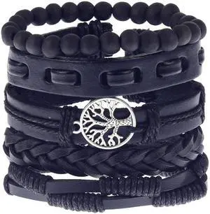 Hand Woven 5 piece Mens Leather Bracelet Cowhide Braided Multi-Layer Wrap Mens Bracelet
