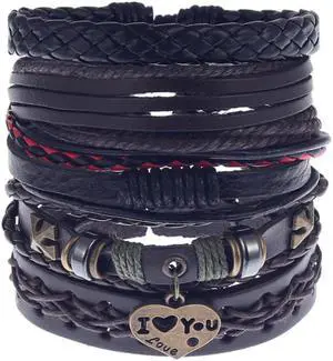 Hand Woven 5 piece Mens Leather Bracelet Cowhide Braided Multi-Layer Wrap Mens Bracelet Beige