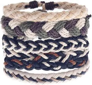 Hand Woven 5 piece Mens Leather Bracelet Cowhide Braided Multi-Layer Wrap Mens Bracelet Cotton and linen