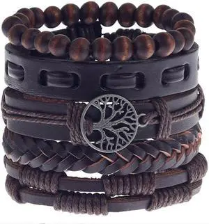 Hand Woven 5 piece Mens Leather Bracelet Cowhide Braided Multi-Layer Wrap Mens Bracelet Leather