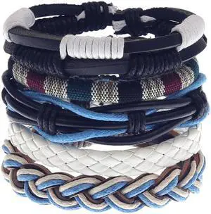 Hand Woven 5 piece Mens Leather Bracelet Cowhide Braided Multi-Layer Wrap Mens Bracelet Assorted
