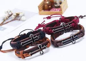 Adjustable DIY hand Woven Cross Hand Cowhide Bracelet for Men Women Gift