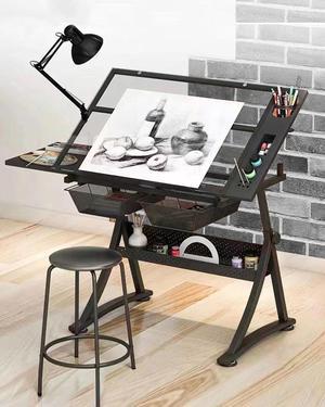 Adjustable Glass Drafting Table Drawing Desk Diamond Art Desk Versatile Art  Craft Station Study Table w/ 2 Slide Rolling Wheels and Drawers for Artist  Painters Home Office 