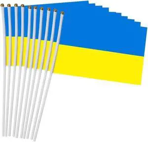 10pcs 14*21cm Flags Ukrainian Patriot National Flag Ukraine Flying Flag Banner With Plastic Flagpoles Hand Waving Flags
