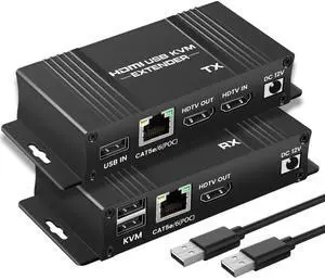 BUCIER 164ft/50m HDMI KVM USB Extender Over Cat 5e/6/7, 1080P HDMI Ethernet Extender Transmitter Receiver with Loop Out Compatible with USB Keyboard Mouse, Support POC Power Supply