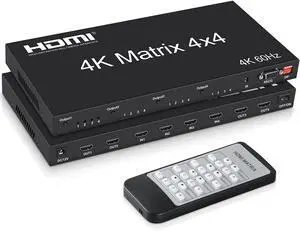 BUCIER 4K@60Hz HDMI Matrix Switch 4x4,  HDMI Matrix Switcher Splitter 4 in 4 Out with EDID, HDMI Matrix Selector box with RS232 Control, Support Auto Downscaler, HDR, HDMI2.0, HDCP2.2, 18Gbps