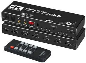 BUCIER 4x2 HDMI Matrix Switch with 2 SPDIF/3.5mm Audio Out, 4K@30Hz 4 in 2 Out HDMI Switcher Selector with IR Remote Control, Settable EDID, Support HDCP 2.2, DTS-HD/DTS/Dolby-AC3/ DSD