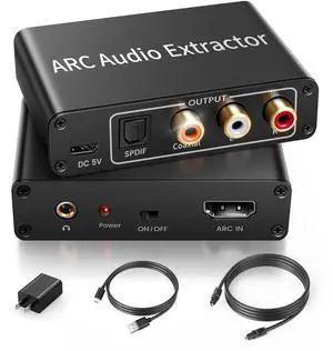 BUCIER HDMI ARC Audio Extractor, 192KHz HDMI ARC Audio Adapter Converter Splitter to Optical TOSLINK SPDIF + RCA L/R+ Coaxial and Analog 3.5mm Stereo for Soundbar HDTV Speaker Amplifier Headphones