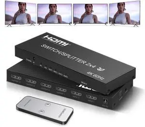 BUCIER 4K@60Hz HDMI Switch Splitter 2 in 4 Out with Remote,  2x4 HDMI Splitter Switcher 4K with SPDIF & 3.5mm Audio,Support 4K,3D,1080p,HDCP2.2,HDR 10 for PS5/4,Xbox,Fire Stick,etc