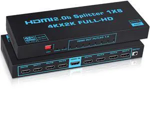 BUCIER 1x8 HDMI Splitter with EDID,  4K@60Hz HDMI2.0b Splitter 1 in 8 Out Audio Video Distributor Box with Power Adapter, Support 3D HDCP2.2, RGB8:8:8, 18.5Gbps for PS5, Fire Stick