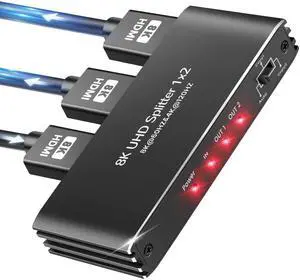 BUCIER HDMI 2.1 Splitter 1 in 2 Out, 8K@60Hz HDMI Splitter for Mirror Screen(Not Extend Diferent Screen), Support 48Gbps,4K@120Hz, HDCP 2.3, HDR 10+, RGB 4:4:4, for PS5/Xbox/Streaming Devices