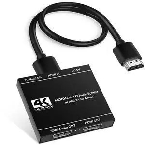 BUCIER 4K@60Hz HDMI Splitter 1 in 2 Out, 4K HDMI Splitter for Soundbar and TV, 1x2 Hdmi Splitters Adapter Support Audio and Video Output Sync Up, 3D, 18.5Gbps, HDR, EDID, HDCP2.3