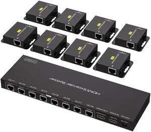 BUCIER HDMI Extender Splitter Over Ethernet 1 in 8 Out Cat5e or 6 Up to 165FT 50m HD1080P 60Hz 3D with Port Loop Out Support EDID POC Suitable for Projection Exhibition Presentations