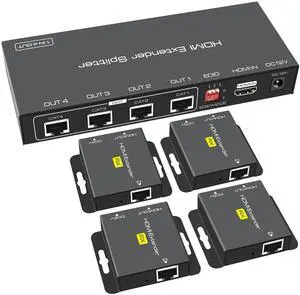 BUCIER HDMI Extender Splitter Up to 165ft 1 in 4 Out Over Cat5e or 6 or 7 Repeater Balun Ethernet Sender Transmitter Receiver Support 1080p EDID Presets POC is Only Need TX Power for Work